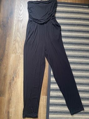 Active USA Black Strapless Draped Jumpsuit Pockets Size L NWT